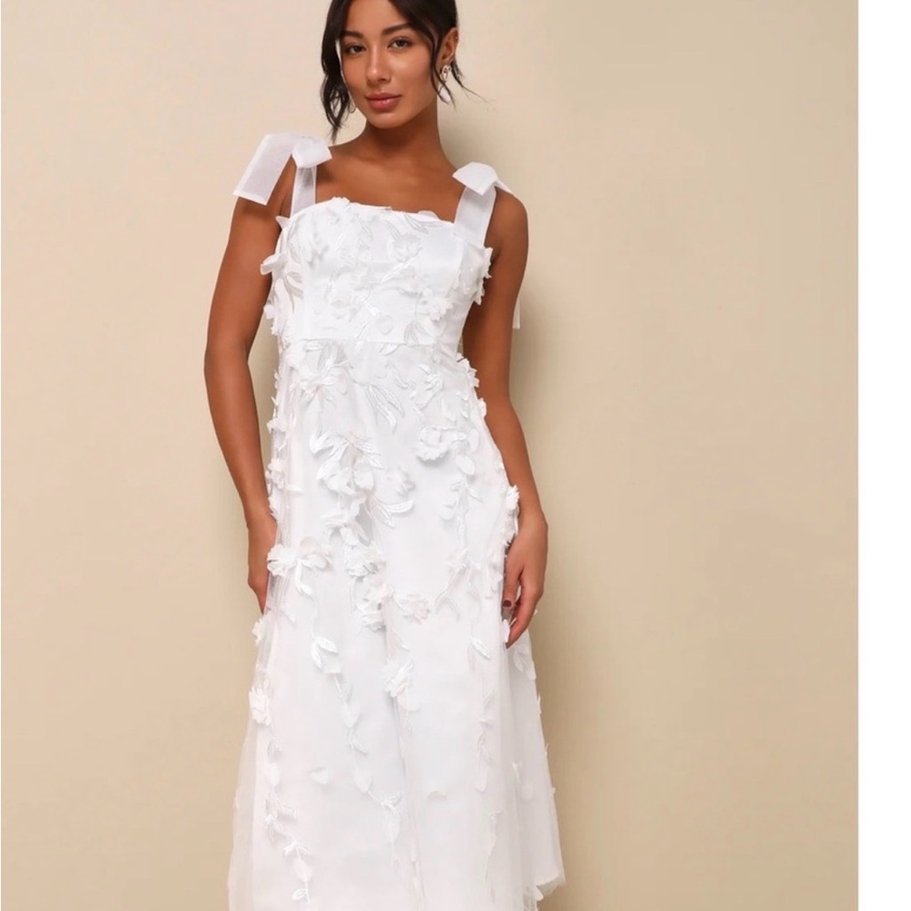 Lulu's White Floral Appliqué Tie-Strap Maxi Dress